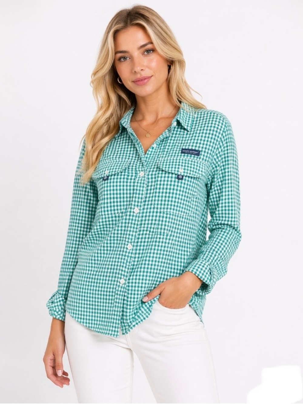 Simply, southern women’s size M Ladies' Green/white Gingham Button-Up Shirt